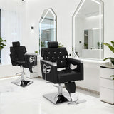 IDEALHOUSE Reclining Salon Chair for Hair Stylist, PU Leather Barber Chair with High-Density Sponge Cushion, Hydraulic Adjustable Height & 360° Swivel, for Home and Professional Use, Black and Chrome