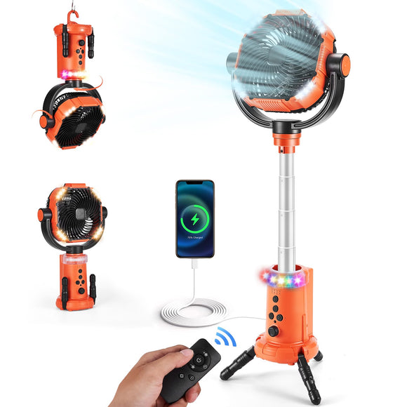 Odoland 20000mAh Camping Fan with Lantern, 360° Oscillation Table fan with Remote & Hook, Rechargeable Battery Operated Outdoor Power Fan with Light for Camp, Family Travel and Jobsite, Orange Odoland