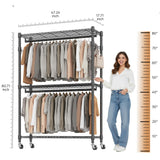 BATHWA Heavy Duty Garment Rack on Wheels, Rolling Clothes Racks for Hanging Storage, Simple Sturdy Metal Wardrobe Closet with Double Rods, 8 Side Hangers, 3 Shelves, Black