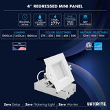 LUXRITE 4 Inch LED Recessed Light, Regressed Mini Panel Spotlight, 5CCT 2700K-5000K, 12/15/19 Watts, 1000/1400/1800 Lumens, Dual Dimmable (TRIAC & 0–10V), 90° Beam, Wet Rated, ETL, Square (12 Pack)