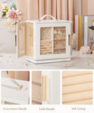 Homde Mothers Day Gifts Jewelry Box 360° Rotating, Necklace Earring Organizer with Transparent Window, Mirror, 7 Drawers, Large Ring Display Storage Case for Girls Women (White)