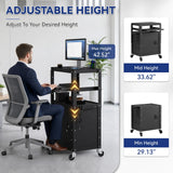 Mobile AV Cart with Cabinet Adjustable Height Computer Cart Rolling Media Utility Cart Heavy Duty with 4 Outlets & Pullout Keyboard Tray Mobile Computer Workstation with Lock Brake Wheels