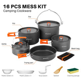 18pcs Camping Cookware Large Size Hanging Pot Pan Kettle Set with Plastic Plates Bowls Soup Spoon Odoland
