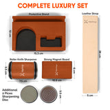 Rolling Knife Sharpener Kit – Magnetic Manual Knife Sharpener with Diamond & Stainless Steel Discs, Two Extra Discs, Leather Strop & Stand, 15° & 20° Angle Guides, Gift Set for Chefs & Home Cooks