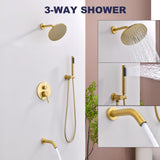 RF SUNUAN Shower System with Tub Spout, Gold Bathtub Shower Faucet Set, 8" Rain Shower Head and Handheld Spray Combo, Round Shower Head and Handle Set with Tub Spout (Valve Included), Brushed Gold
