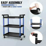 WORKPRO 3-Tier Service Utility Cart, 400LBS Plastic Rolling Cart with Handles & Lockable Wheels, Heavy Duty Storage Cart for Restaurant, Kitchen, Office, Garage, Warehouse