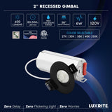 LUXRITE 2-Inch Gimbal LED Recessed Lighting, 5 Color Selectable 2700K-5000K, 6 Watts, 400 Lumens, Adjustable 360º + 30º Swivel Spotlight, Dimmable, CRI90, IC & Wet Rated, ETL, Black (12 Pack)