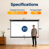 VIVOHOME 100 Inch 16:9 Pull Down Projector Screen, HD 4K Retractable Movie Screen for Indoor Home Theater and Office, Manual Projection Screen with Auto Locking (87W x 49H Inch Display Area)