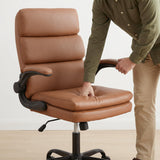 BOWTHY Mid Back Office Desk Chair,Leather Conference Room Chairs,Ergonomic Home Computer Chair,Modern Executive Chair with Padded Flip-up Armrest and Swivel Wheels (Brown)