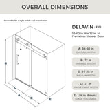 DELAVIN 56-60.in W x 72.in H Frameless Shower Door, Water Repellent Gold Shower Door with SGCC Clear Tempered Glass, Easy Sliding Showe Door with Explosion-Proof Film, Stainless Steel Top Rail