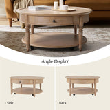 HULALA HOME Round Coffee Table with Casters, Wood Coffee Table Movable with Drawer/Shelf, Classic Traditional Center Tables for Living Room, Natural