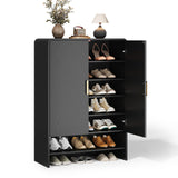 45'' Shoe Storage Cabinet, 6-Tier Tall Shoe Rack Holds Up to 30 Pairs, Wood Entryway Organizer Cabinet with Curved Design, Adjustable Shelves for Front Door, Hallway (Black)