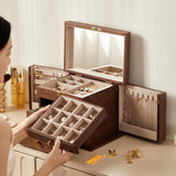 Homruilink Black Walnut Wooden Jewelry Box, Wood Jewelry Organizer with 2 Side Doors Mirror Lockable Classical Style for Watch Necklace Ring Earring Storage Gifts-4 Layer