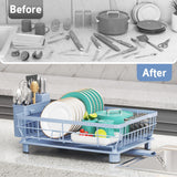 Ricobes Dish Drying Rack - Space Saving Dish Rack - Dish Racks for Kitchen Counter with Drainboard, Blue