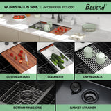 Beslend 30 Black Undermount Kitchen Sink - 30x19 Gunmetal Black Double Bowl Kitchen Sinks Workstation 16 Gauge Stainless Steel Sink Low Divide Double Basin 50/50