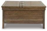 Signature Design by Ashley Moriville Rustic Hinged and Lift Top Cocktail Table with Hidden Storage, Light Brown