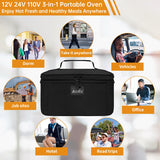 Aotto Portable Oven, Electric Lunch Box Food Heater - 12V/24V/110V 3-in-1 Car Food Warmer - Mini Personal Microwave Heated Lunch Box Warmer for Car, Truck, Travel, Office & Home Use - Black