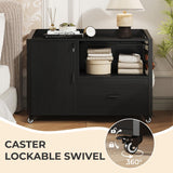 HSH File Cabinet with Wheels with Locks,Black Mobile Filing Cabinet for Legal/Letter Size, Wood Metal Printer Stand with Shelves