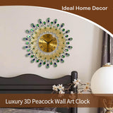 Peacock Wall Clock, 3D Large Creative Metal Decorative Silent Clock, Elegant Non-Ticking Luxury Art Hanging Clock for Living Room Bedroom Home Office Decor for Housewarming Family Art Lovers,Dia 20 in
