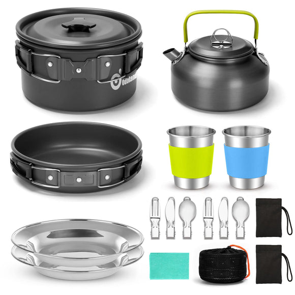15pcs Camping Cookware Mess Kit, Non-Stick Lightweight Pot Pan Kettle Set with Stainless Steel Cups Plates Forks Knives Spoons Odoland