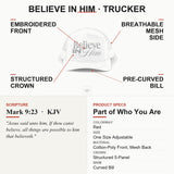 Believe in Him Christian Trucker Hat, Embroidered Hat for Men & Women, Jesus Religious Faith Apparel Black/Charcoal