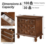 LVHOM Traditional Geometric Textured Nightstand, 3 Drawer Solid Wood Bedside Table with Carved Front Panels, Rustic End Table for Bedroom Living Room, Set of 2, Walnut
