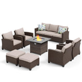 MIXPATIO Patio Furniture Set, 8 Pcs Wicker Rattan Outdoor Conversation Set, 4 x Leg Chairs, 1 x 3 Seater Sofa and 2 x Ottomans with 4" Thick Cushion and 32" Fire Pit Table, Beige
