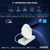 LUXRITE 5 Inch LED Recessed Light, Regressed Mini Panel Spotlight, 5CCT 2700K-5000K, 16/21/26 Watts, 1500/2000/2500 Lumens, Dual Dimmable (TRIAC & 0–10V), 100° Beam, Wet Rated, ETL (12 Pack)