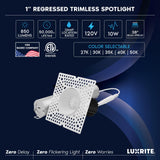 LUXRITE 1 Inch LED Trimless Recessed Spotlight, 10W, 850LM, 5CCT Selectable 2700K-5000K, 38° Beam Angle, Dimmable, Push-n-Lock Spotlight, CRI 90, Damp & IC Rated, Plaster Downlight, ETL White (4 Pack)