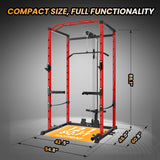 Power Cage with LAT Pulldown, Multi-Functional Power Rack with Cable Pulley System and J-Hooks, Squat Rack with Dip Bars and Landmine Attachment, Weight Cage (Black/Red)