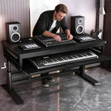 Height Adjustable Music Studio Desk with Keyboard Tray – Standing Computer Workstation with Cable Management, MIDI Shelf & Metal Legs for Recording, Production, Home Office(Black+Black,70in)