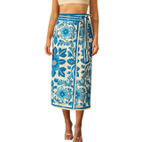 Talakeno Womens Floral Wrap Midi Skirt Summer Adjustable Tie Side Casual High Waist A Line Beach Boho Long Flared Skirts(Blue,S)