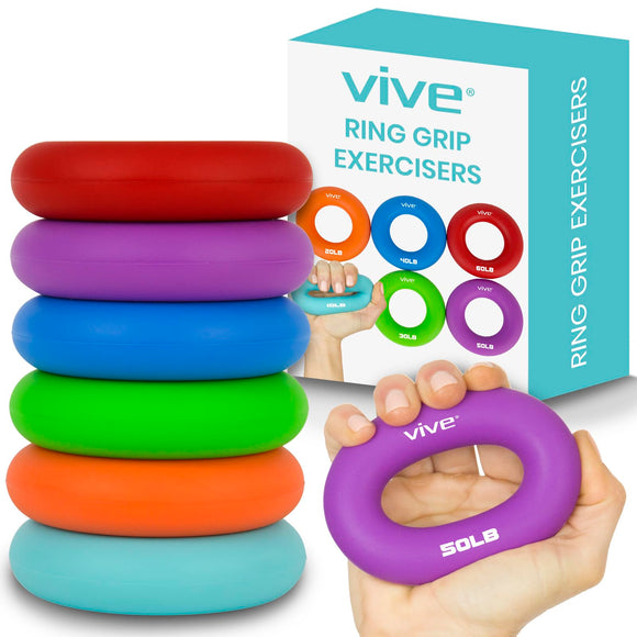 Vive Hand Strengthener Grip Ring (6 Pack) - Forearm Ring Hand Exercisers - Silicone Squeezer Gripper for Muscle Strengthening Training Tool - Arthritis Finger Physical Therapy PT Kit Trainer Vive