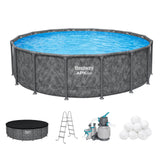 Bestway APX 365 16' x 48" Above Ground Pool, Round Metal Frame Outdoor Swimming Pool Set with Sand Filter Pump, Ladder, and Cover, Dark Marble