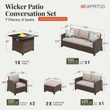 MIXPATIO Patio Furniture Set, 7 Pcs Wicker Outdoor Conversation Set, 2 x Leg Chairs, 1 x 3 Seater Sofa, 1 x 2-Seat Lover Sofa and 2 x Ottomans with 4" Thick Cushion and 32" Fire Pit Table, Beige