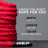 REP Battle Ropes - PolyDacron Battle Rope for Strength and Conditioning Workouts – 1.5" and 2" Diameter, 30ft, 40ft, 50ft Lengths with Optional Cover Sleeve (Red with Sleeve, 2.0 x 50 ft)