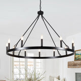 12-Light Black Wagon Wheel Chandelier for Dining Room Farmhouse Pendant Light Fixtures Outdoor for Rustic High Ceilings Round Chandeliers for Living Room Entryway Foyer Kitchen Island,38",E12
