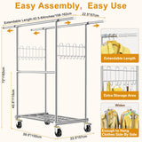 100% Stainless Steel Heavy Duty Clothes Rack Load 960LBS, Three Rods Clothing Racks for Hanging Clothes Extendable，Rolling Garment Rack With Sturdy Wheels Shelves Hooks, Portable Closet Wardrobe Rack