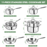 3 Ply Stainless Steel 11-Piece Cookware Set with Lids, Pots and Pans Kitchen Set, Non-Toxic, Induction, Oven, Dishwasher Safe, Professional Chef Quality