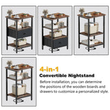 Tensirock Side Table with Charging Station, Nightstand with Adjustable Fabric Drawer, Bedside Table for Bedrooms, Living Rooms & Home Decor (Brown Black)