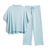 SeeLuNa Women's Two Piece Outfits 3/4 Batwing Sleeve Capelet Crew Neck Pullover Top Wide Leg Pants Lounge Set(Blue-Green,S)