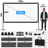 120inch Outdoor Projector Screen with Stand: 16:9 4K HD Portable Projector Screen Outdoor Indoor - Front/Rear Movie Screen with Carry Bag, Sandbag - Projection Screen for Backyard, Camping, Theater