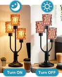Lightdot Modern Glass Table Lamp Dimmable Mid Century 3-Light Black Desk Lamp with Rose Red Glass Shade& Bulb Included 3000K Warmwhite Nightstand Lamp for Bedroom Bedside End Table