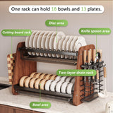 QIUHTR Modern Wooden 2-Tier Dish Drying Rack,Stainless Steel Dish Drainer,Saving Kitchen Space,with Removable Cutlery Holder,with Utensils Flatware Holder Set