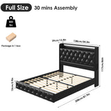 Keyluv Full Floating Bed Frame with LED Lights & Charging Station, Upholstered PU Leather Platform Bed with Button Tufted Storage Headboard, No Box Spring Needed, Noise-Free, Easy Assembly, Black