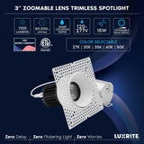 LUXRITE 3 Inch LED Trimless Recessed Spotlight with J-Box, Push N’ Lock Zoomable, 5CCT Selectable, 15W 1100LM CRI90, Dual Dimmable (TRIAC/0-10V), Adjustable Beam 24°–50°, IC & Damp Rated (4 Pack)