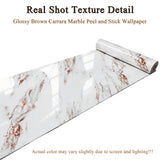 Qorqeous Brown Carrara Marble Peel and Stick Wallpaper, Glossy Texture Vinyl Wall Panels, Waterproof Renter Friendly, 47.2" x 394", TV Accent Wall, Bathroom, Foyer, Coffee Shop Decor