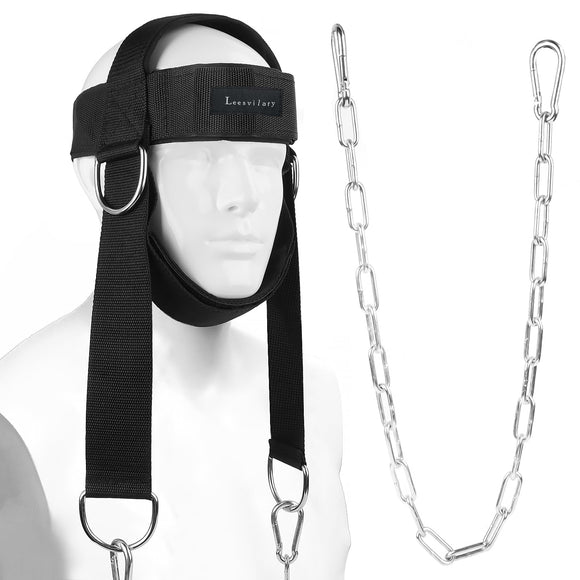 Leesvilary Neck Harness for Weight Lifting Training Head Neck Workout Equipment Neck Exerciser Trainer with Steel Chain and Adjustable Neoprene Strap Neck Strengthener for Home Gym Leesvilary