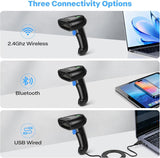 PecuMecu 2 Pack Bluetooth 2D Barcode Scanner, 3-in-1 Bluetooth & USB Wired & 2.4G Wireless QR Barcode Reader, PDF417 Data Matrix Handheld Bar Code Scanner Work with Windows, Android, iOS (TM-10B)