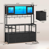 Itaar Bakers Rack with Power Outlet and LED Light, 47.2'' Microwave Stand with Storage, Kitchen Coffee Bar Cabinet with Glass Door, 4 Drawer, Wine Rack, Goblet Holder and 12 Hooks, Black